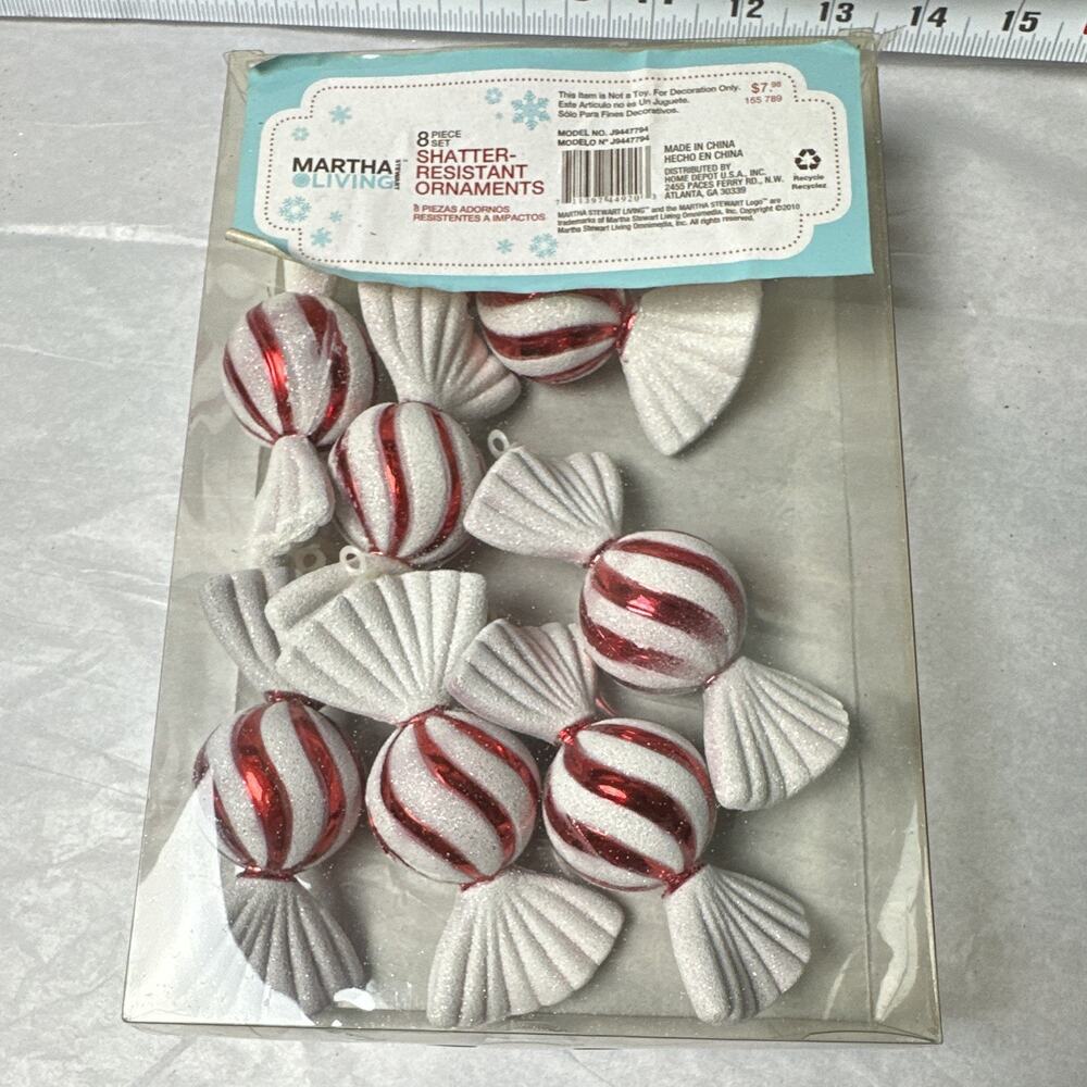 Martha Stewart Living Shatter-Resistant Candy Ornaments Red/White Stripe 8pc 6in